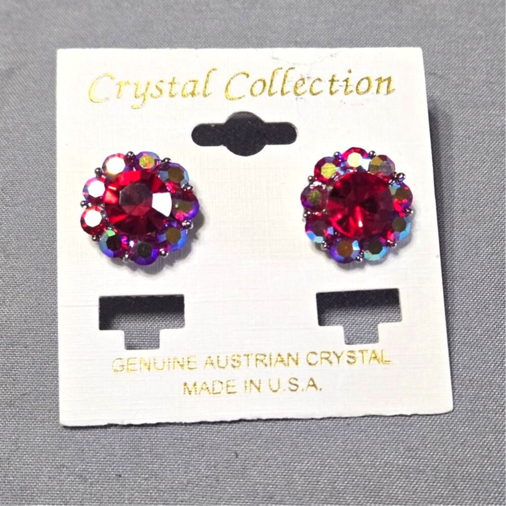 Crystal Collection Genuine Austrian Crystal Red Halo Statement Stud Earrings
